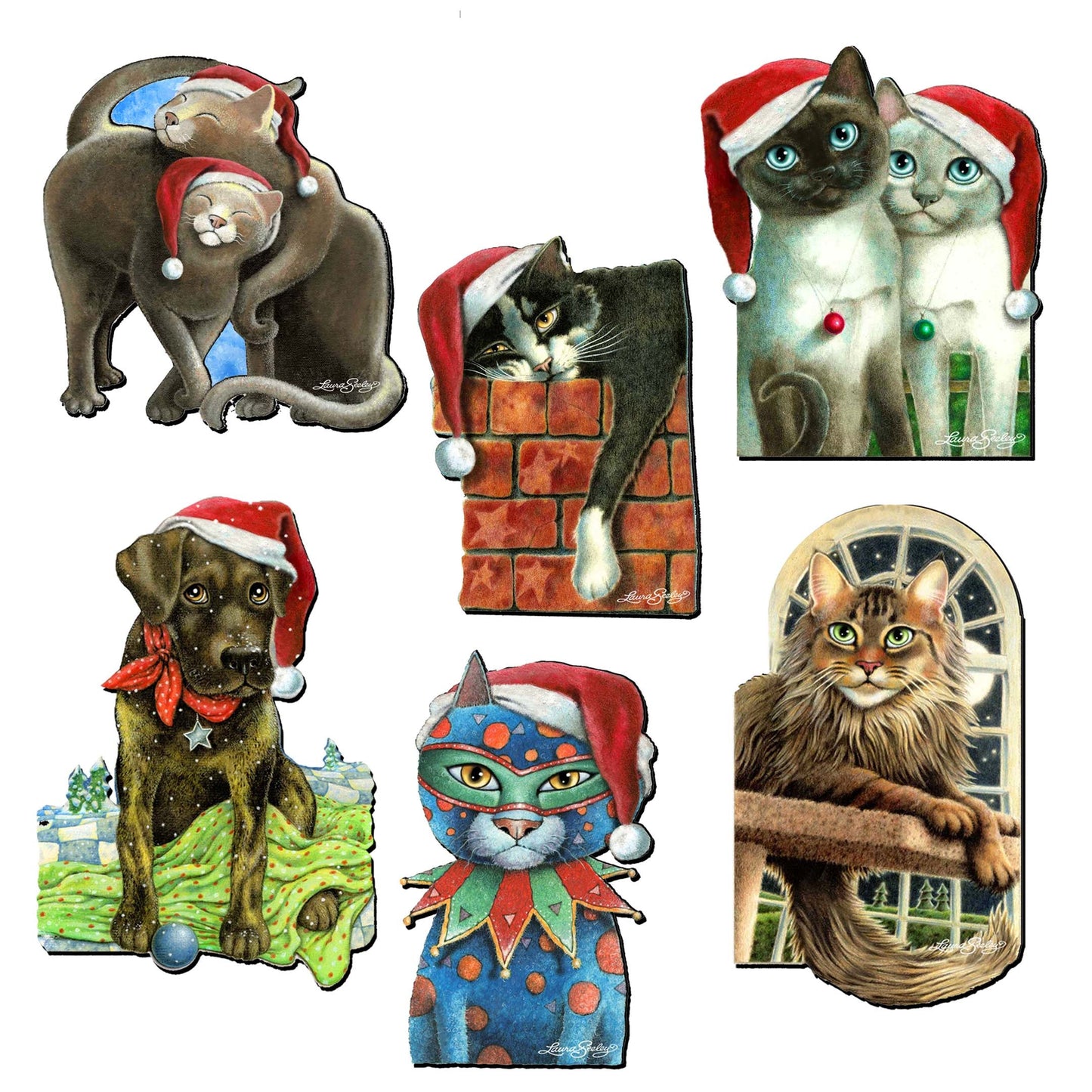 Dog and Cats Clip-On Eco Wood Decorative Ornaments Set of 6 by L. Seeley  - Pets Dog and Cat Décor - 8090139C-S6