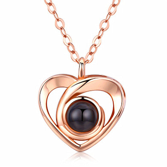 Silver Love Heart shaped Projection Pendant Necklace in 100 Languages, I Love You Projection Pendant Clavicle Chain