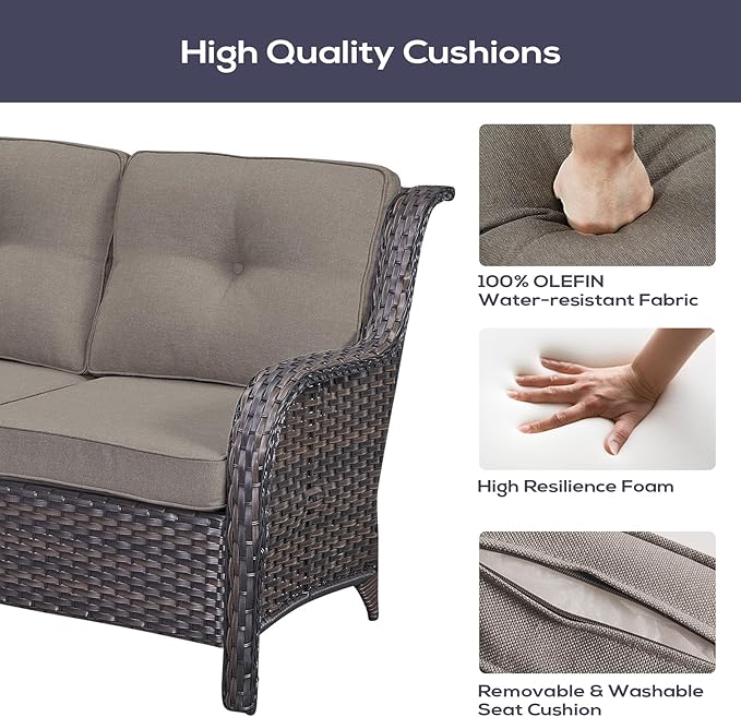 Outdoor Furniture Sectional Sofa L Shaped Couch - Patio Wicker Set with 2 Swivel Glider Chairs, 5 Piece Rattan Patio Conversation Sets with Gray Cushion for Deck Backyard Sunroom