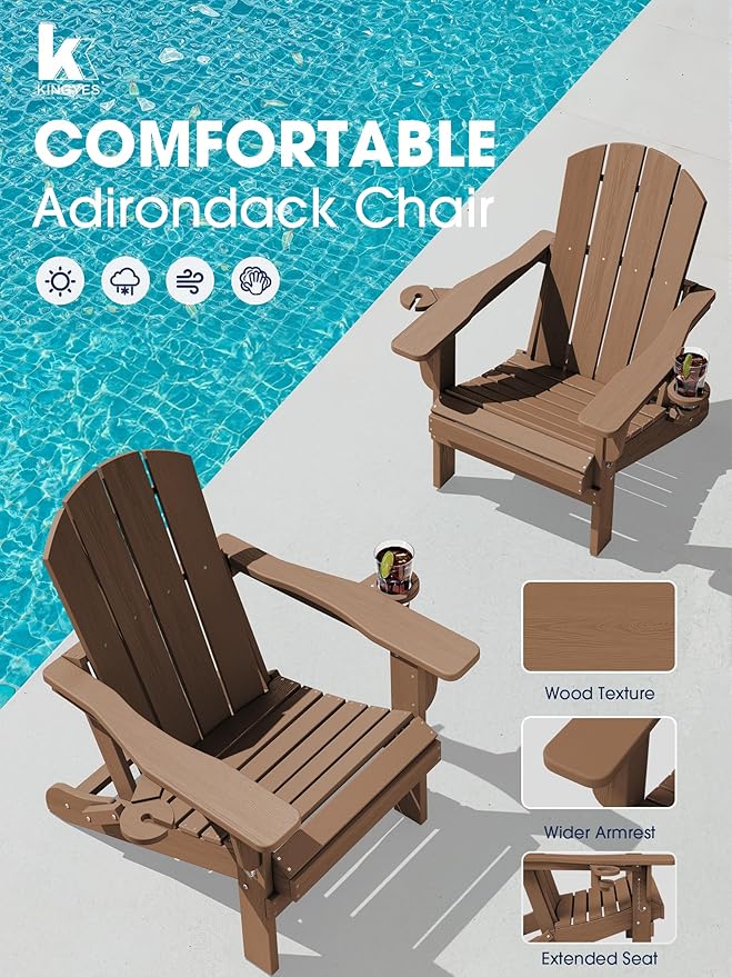 KINGYES Folding Adirondack Chair, Dual Cup Holders & All-Weather HDPE, Wood-Like Patio Chair, Brown