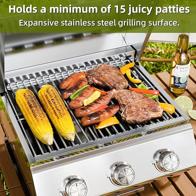 3-Burner 24,000 BTU Portable Flat Top Propane Gas Grill, Heavy-Duty Stainless Steel 2-in-1 Tabletop Grill and Griddle Combo for Commercial BBQ, Outdoor Cooking, Camping,Tailgates & Backyard