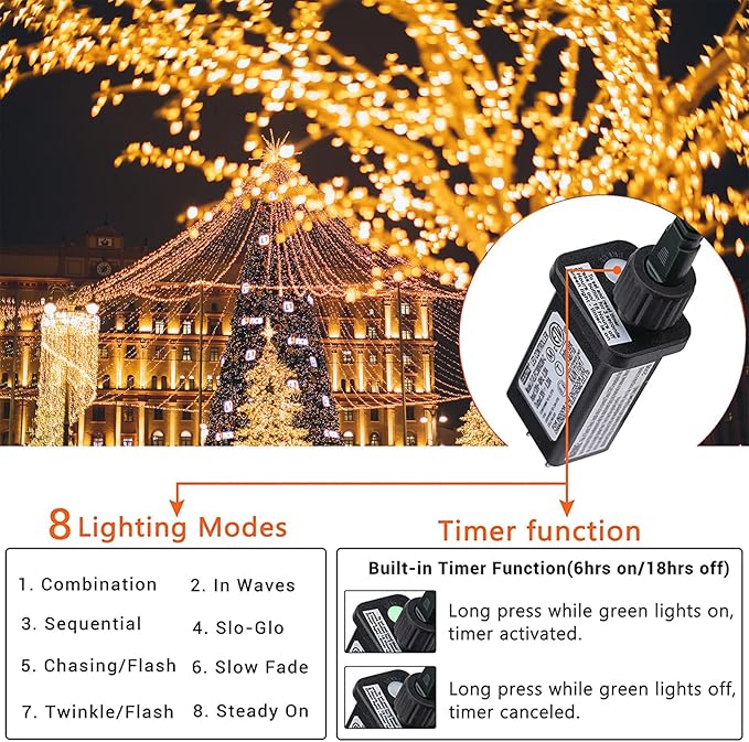 Warm White 75 Ft 200 LED Christmas String Lights - Connectable, 8 Modes, Timer, Waterproof Fairy Twinkle Lights for Christmas Party, Garden, Patio, Home, Holiday, Xmas Tree Decorations