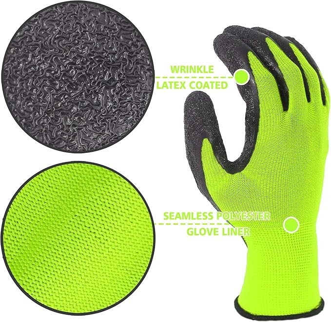 Evridwear Crinkle Latex Rubber Hand Coated Safety Work Gloves for Men Women General Multi Use Construction Warehouse Gardening Assembly Landscaping (L-Size) Lime 120 Pairs Pack