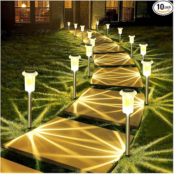 DenicMic Solar Lights Outdoor Pathway Lights 3000K LED Waterproof Acrylic Lamp Head Stainless Steel Stake for Yard Garden Landscape Path Walkway Driveway Patio Lawn (15Pack Warm White)