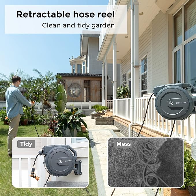Giraffe Tools Metal Retractable Hose Reel 130 FT Wall Mounted Heavy Duty Hose Reel with 9 Pattern Nozzle 180 Deg Swivel, Metal Bracket Any Length Lock (1/2 130FT PRO, Dark Grey)
