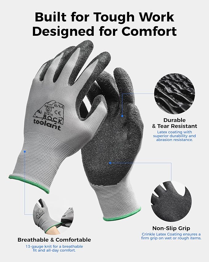 toolant Crinkle Latex Work Gloves Bulk, Rubber Coated Safety Work Gloves for Men and Women, 12 Pairs for Construction, Gardening, Warehouse (Gray, Small)
