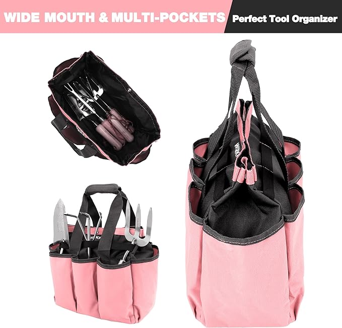 WORKPRO Garden Bag, Garden Tool Tote Storage Bag with 8 Pockets, Home Organizer for Outdoor Gardening Caddy, Garden Tool Kit Holder (Tools NOT Included), Pink Ribbon, Garden Gifts