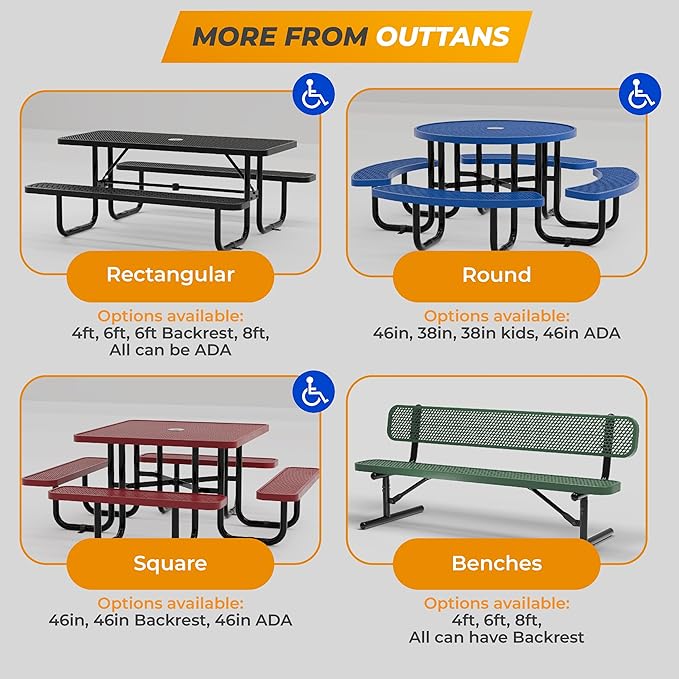 Metal Picnic Tables for Outdoors with Umbrella Hole - Coated Steel Heavy Duty Commercial Grade Table with Adjustable Seats (Blue, 46 in, Square, Punched Steel)