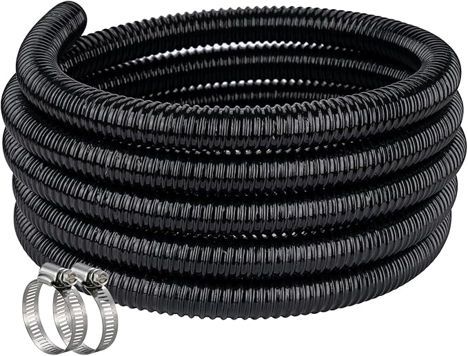 Pond Hose ID 1/2” × 10ft Black Corrugated Flexible Reinforced PVC Hose Vinyl Tubing for Pond Pump Fountain Garden Waterfall, Non-toxic & Kinkproof, with 2 clamps