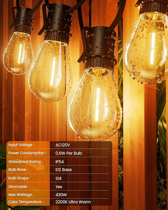Torkase 100FT Outdoor String Lights LED, 30+2 S14 Shatterproof Bulbs, Dimmable Patio Lights, IP54 Waterproof Connectable for Pergola Lighting, Backyard, Porch,Weddings, Cafe, Party