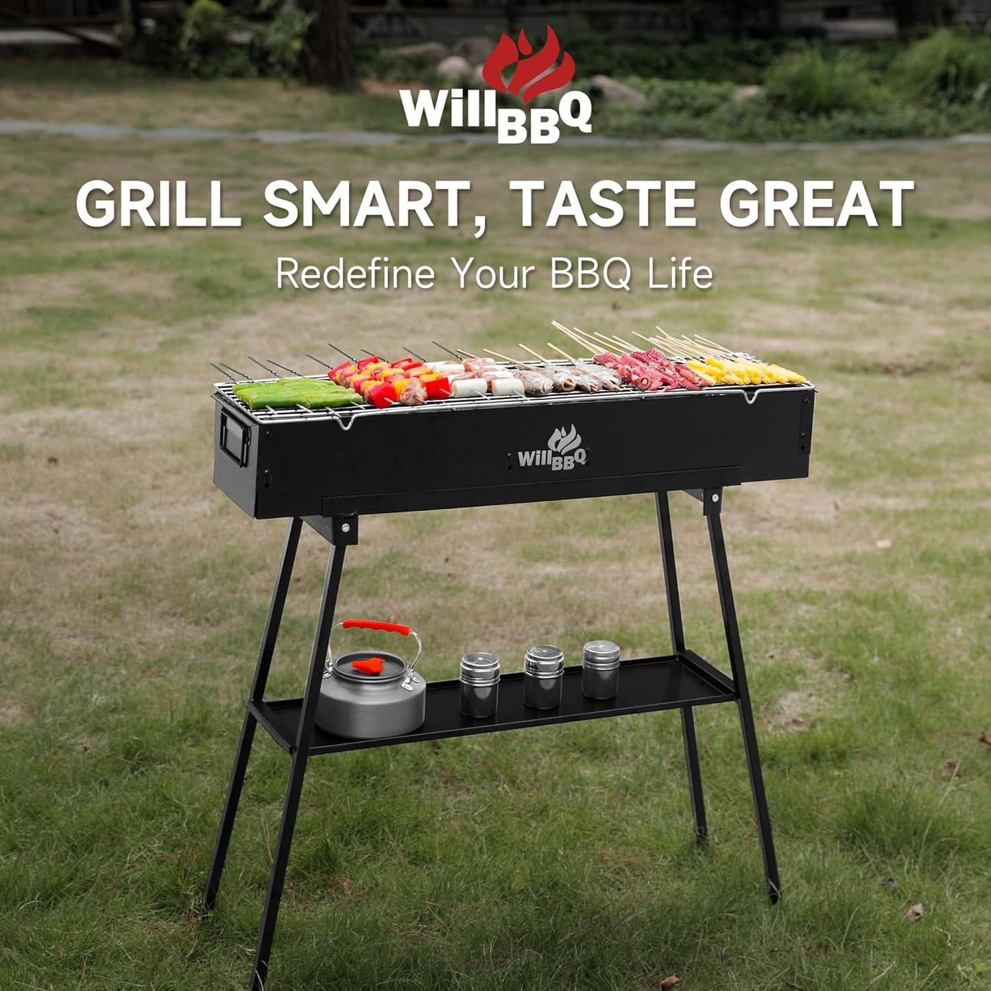 Charcoal Grills Commercial Quality Portable Multiple Size Hibachi BBQ Lamb Skewer Folded Camping Barbecue Grill for Backyard Party Picnic Use(31.6x7.1x5.1 inch With Accessories),BLACK