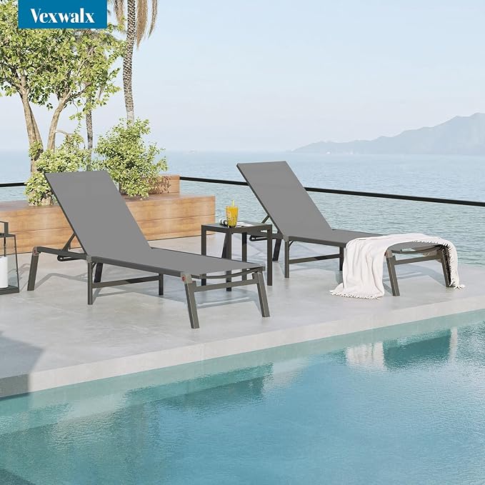 Pool Lounge Chairs Set of 3 (2 Chairs and 1 Side Table), Foldable Aluminum Chaise Lounge Outdoor with 5 Positions Recliner - Free Assembly - Patio Chaise Lounge Chair for Poolside, Yard