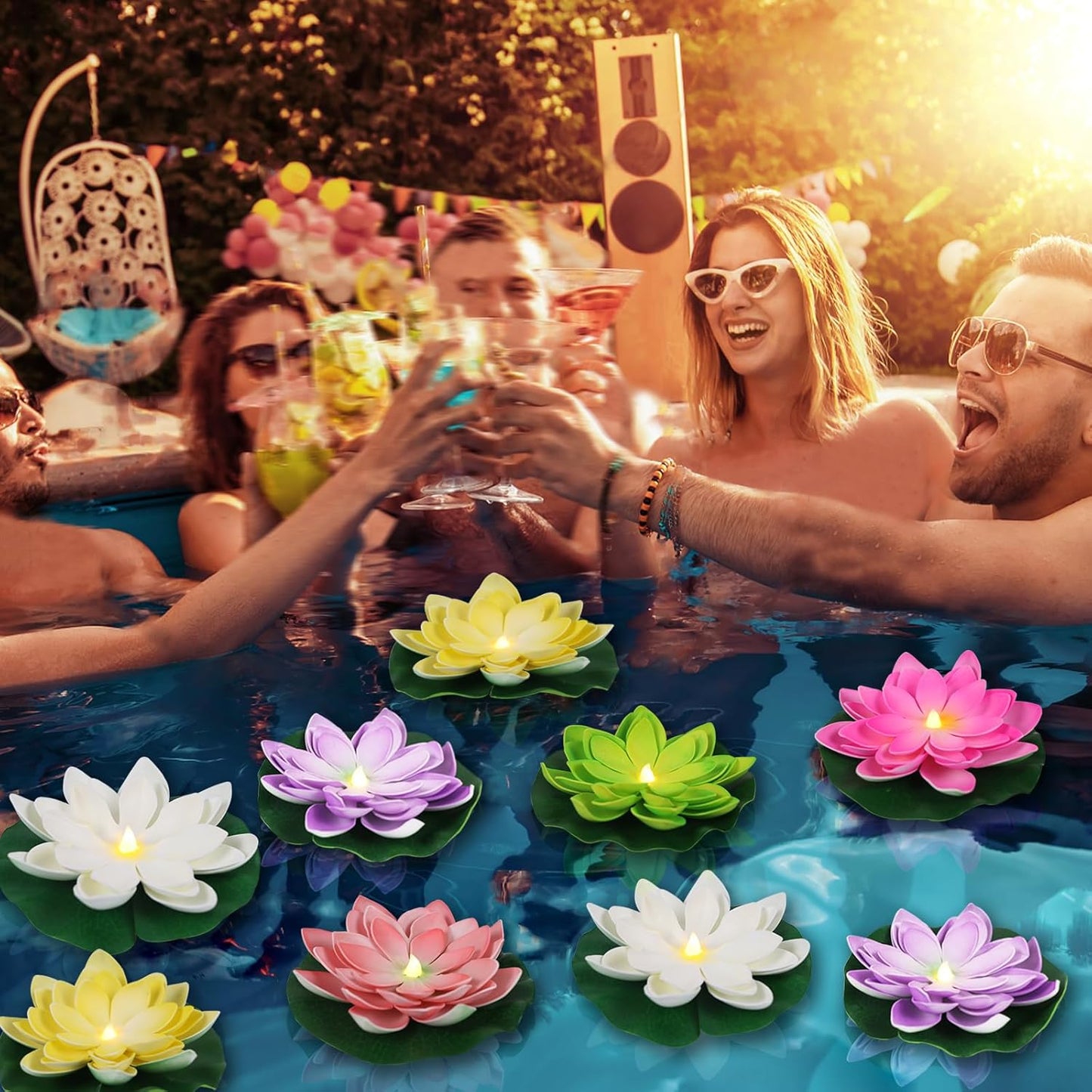 12 PCS Waterproof Floating Lotus Light - Diwali Floating Flower Light Battery Operated Water Activated Warm White Light Pool Flower Lamp Wedding,Anniversary,Garden Decoration(6 Inch, Mix-Color)