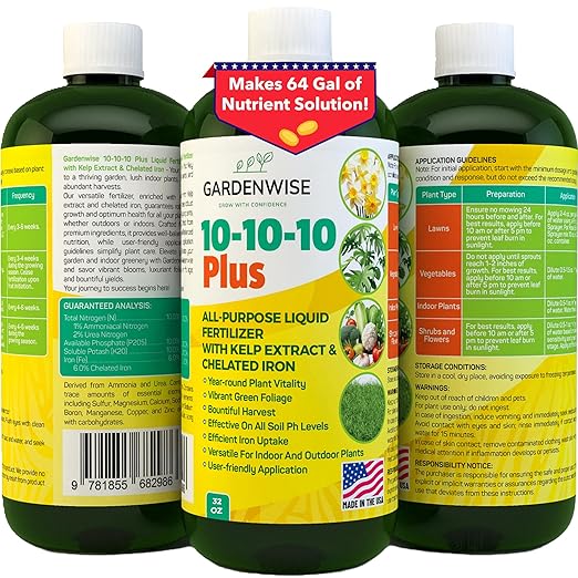 10-10-10 Fertilizer for All Purpose Plants - Liquid Fertilizer with Seaweed Kelp & Iron - Plant Food Outdoor & Indoor Plant Food, Vegetables, Flowers, Lawn & Garden 10 10 10 Fertilizer 32oz