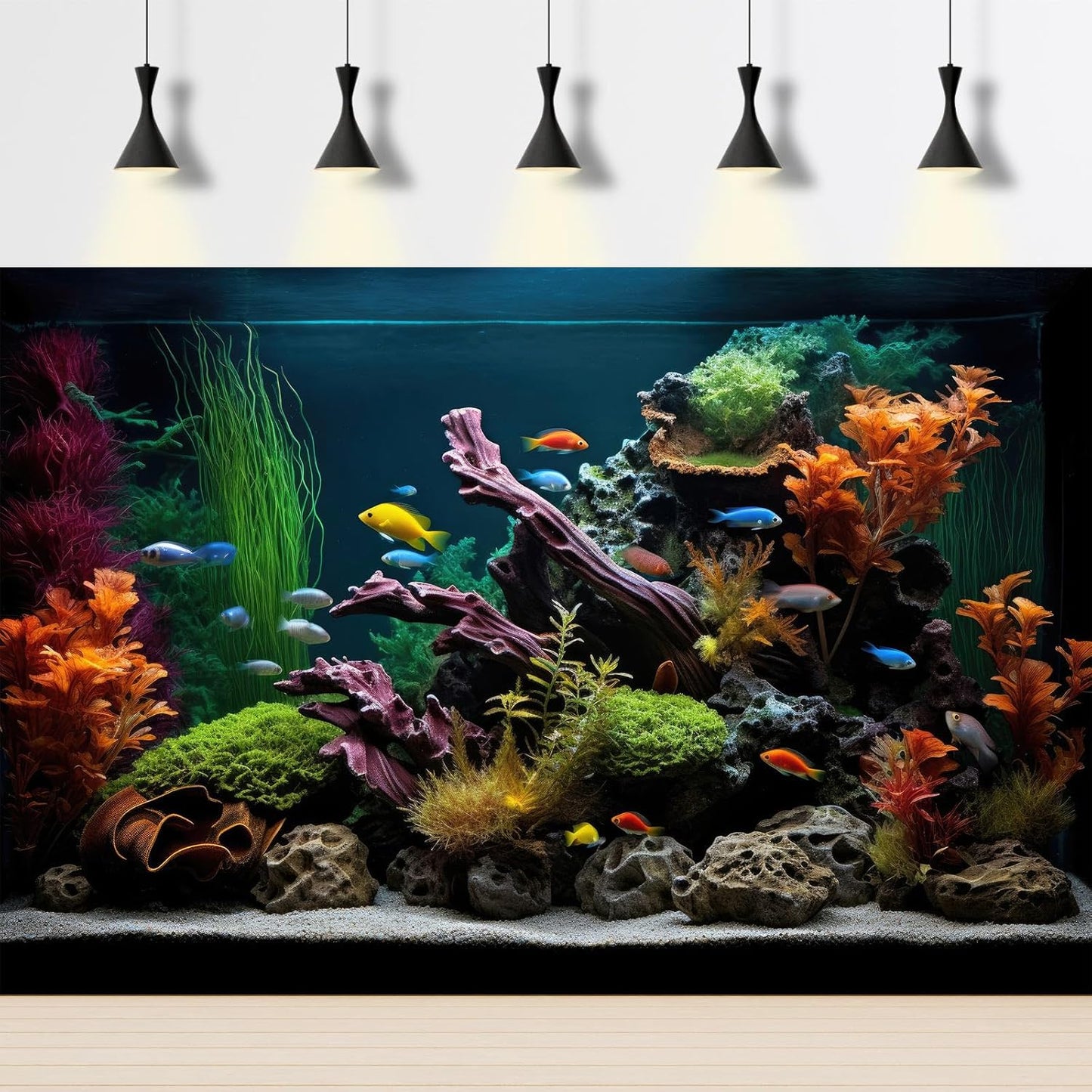 Aquarium Background Lush Aquatic Colorful Plants Terrarium Background Redwood Root Coral Reef Jungle Style Fish Tank Background Amazing Underwater View Aquarium Backdrop Wallpaper Poster Vinyl 60x24in