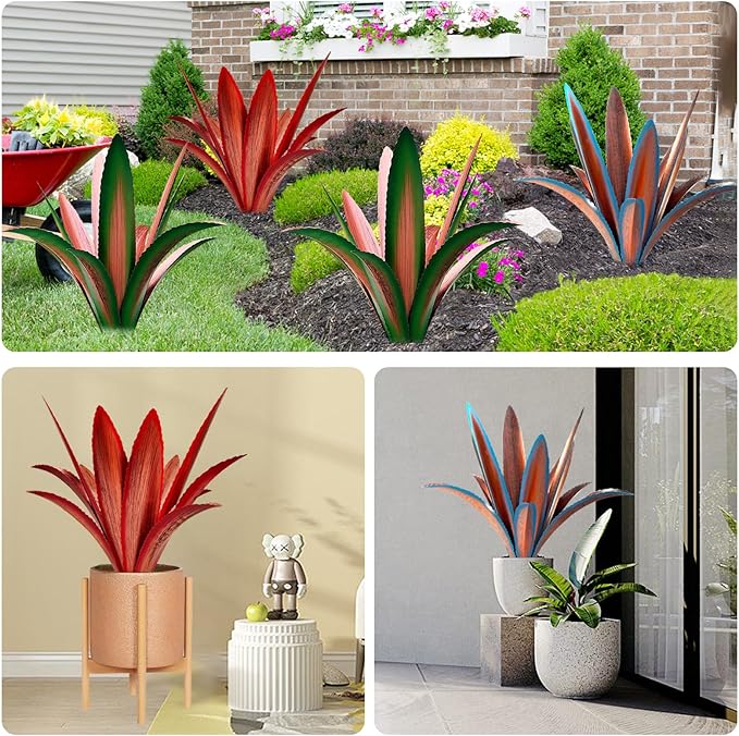 Enlarge Thickened Wind Resistant Metal Agave Garden Art Metal Plant Country Garden Sculpture Statue Outdoor Decoration Agave Metal Plant Courtyard Garden Lawn Ornament Gift (2, 12 Leaves red)
