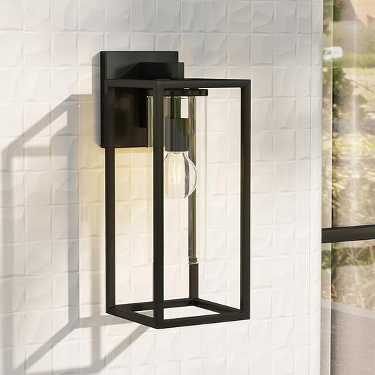 15.7 Inch Outdoor Wall Lights, Outdoor Wall Lantern with Circular Clear Glass Shade, Waterproof Exterior Lighting Fixtures, Modern Front Porch Lighting for House, Garage, E26 Base, ETL Listed, Black