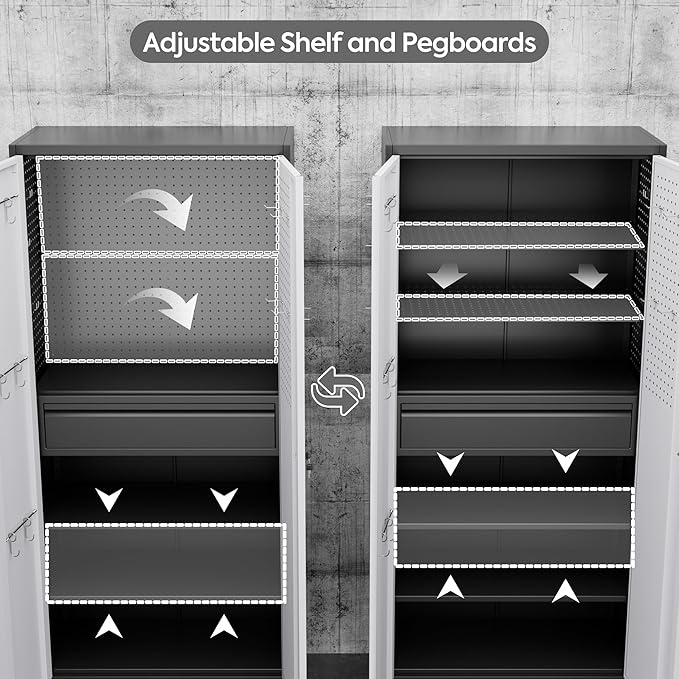 Metal Garage Cabinet with Wheels,71''H Rolling Lockable Steel Tool Storage Cabinet with Pegboard &1 Drawer for Garage,Home,Office,Black Gray, Assembly Required