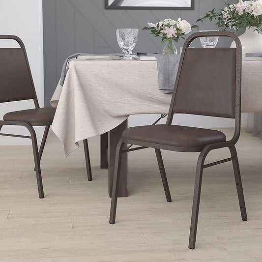 EMMA + OLIVER Trapezoidal Back Vinyl Stackable Banquet Chair, Multipurpose Stacking Chair with Padded Seat and Back, Brown/Copper