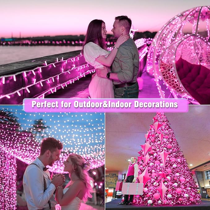 100 LED Pink String Lights, 33ft Pink Christmas Lights Outdoor 8 Modes Clear Wire, Plug in Waterproof Twinkle Fairy Lights for Bedroom Indoor Wedding Christmas Decorations
