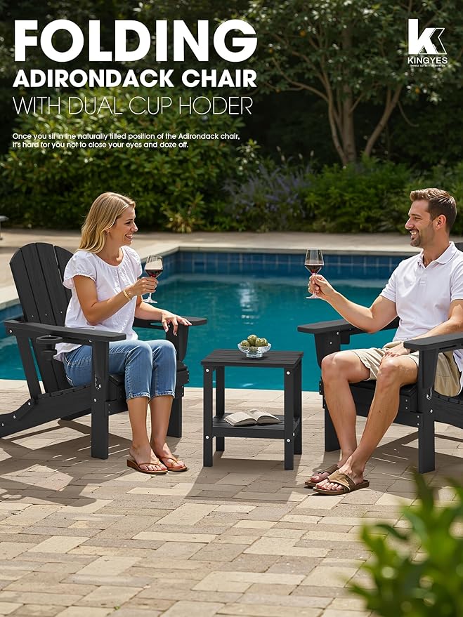 KINGYES Folding Adirondack Chair Set of 4, Dual Cup Holders & All-Weather HDPE, Wood-Like Patio Chair for Backyard, Camping, Pool & Fire Pit, Black