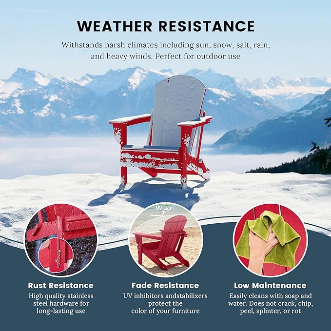 Westin Outdoors Laguna WO Home Outdoor Adirondack Folding Chair Lounger Seat Traditional Retro Home Furniture for Beach, Balcony, Backyard, Lawn, Patio, Pool, Deck, Garden (Red)