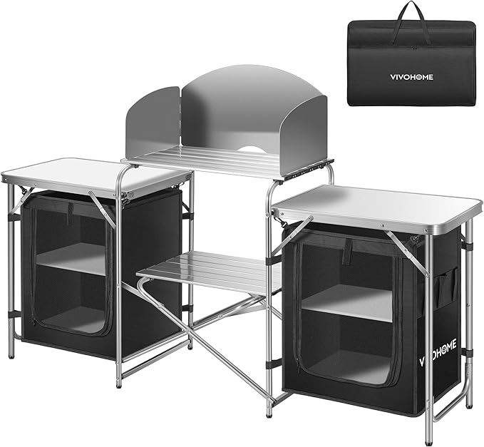 VIVOHOME Folding Camping Kitchen Station Table with Storage Organizer, 2 Side Tables, Stainless Steel Windscreen, Outdoor Portable Cook Station for BBQ, Picnics