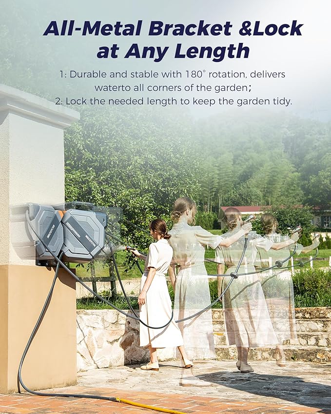 Retractable Garden Hose Reel 5/8 in x 75 ft Professional Metal Bracket & 9-Pattern Metal Nozzle UV Resistant Brass Fitting Heavy Duty Wall Mount Any Length Lock Slow Retraction 180° Swivel