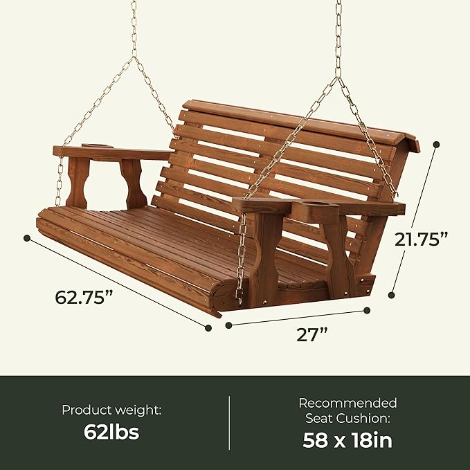 Amish Casual 4 Foot Roll Back Porch Swing with Cup Holders in Unfinished - Amish Made in The USA from Treated Pine Heavy Duty 700 Lb. Weight Capacity