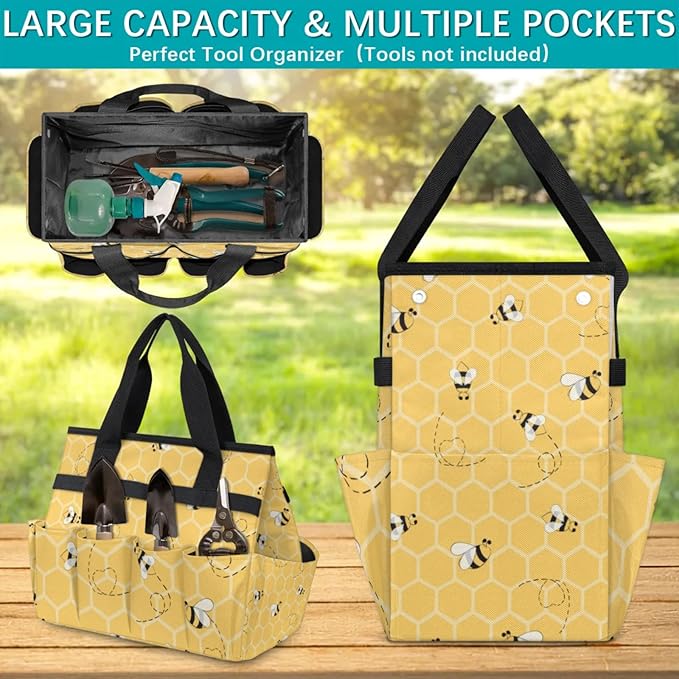 Yellow Bee Gardening Tool Bag,Heavy Duty Garden Tote Bag,Portable Oxford Gardening Storage Basket Organizer Handbag with Pockets Handle,Hand Tools Gifts for Outdoor Garden Lawn Yard