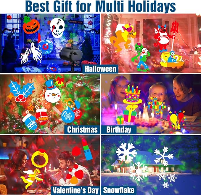 Christmas Projector Lights Outdoor, Holiday Projector With Remote Control Timer, 26 HD Effects (3D Ocean Wave & Patterns) Waterproof Landscape for Halloween Party Decorations