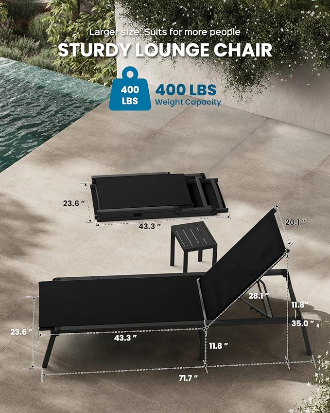 Pool Lounge Chairs Set of 2, Foldable Aluminum Chaise Lounge Outdoor with 5 Positions Recliner - Free Assembly - Patio Chaise Lounge Chair for Poolside, Beach, Yard (Black, 2 Pack)