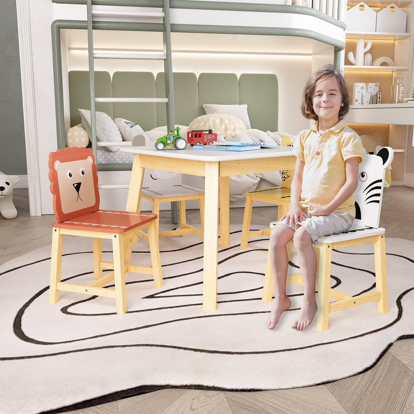5 Piece Kiddy Table and Chair Set  Kids Wood Table with 4 Chairs Set Cartoon Animals (bigger table) (3-8 years old)