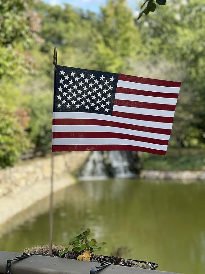 American Flags on Stick - Handheld Spearhead US Flag for 4th of July, Memorial Day Event Decorations - Patriotic Decor for Indoors & Yard - Wooden Stick, Cotton Fabric (12" X 18" - 144 Pack)