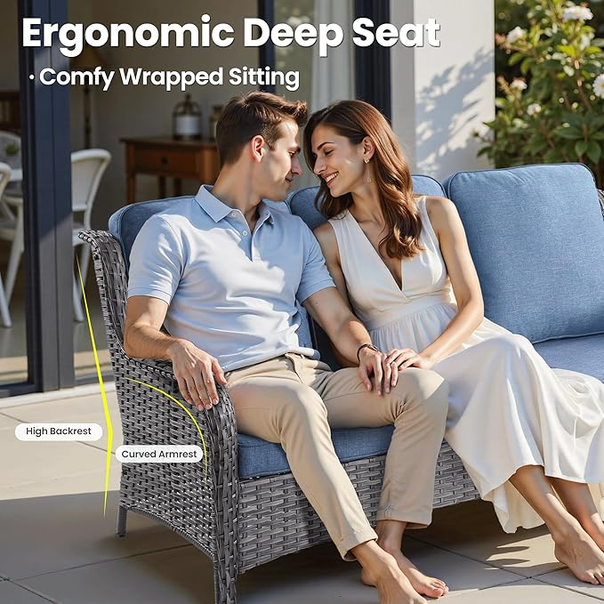 ovios 8 Pieces Patio Furniture Set, Outdoor Wicker Sofas with 2 Chairs, 4 Ottomans and Comfy Cushions, All Weather High Back Couch Set for Deck Porch, Grey Rattan, Denim Blue