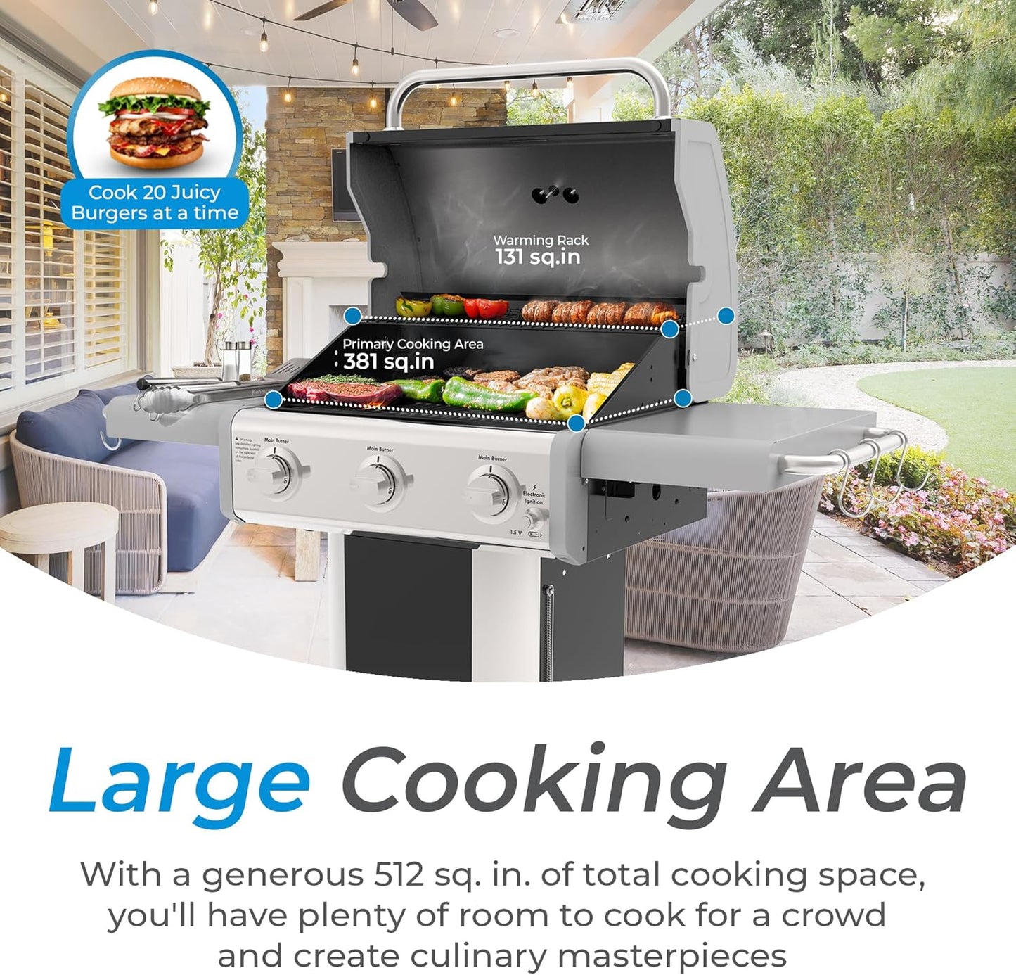 Kenmore 3-Burner Propane BBQ Grill, 30,000 BTUs Gas Grill with Cast Iron Cooking Grates, Folding Side Tables & Wheels, Outdoor Grill with Tool Hooks, Black