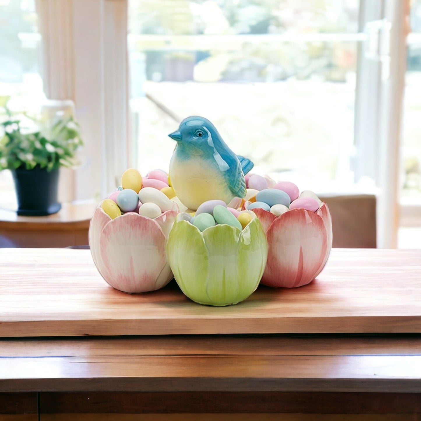 Pastel Easter Tidbit Dish Dolomite Bunny Or Bird 7in Spring Table Decor