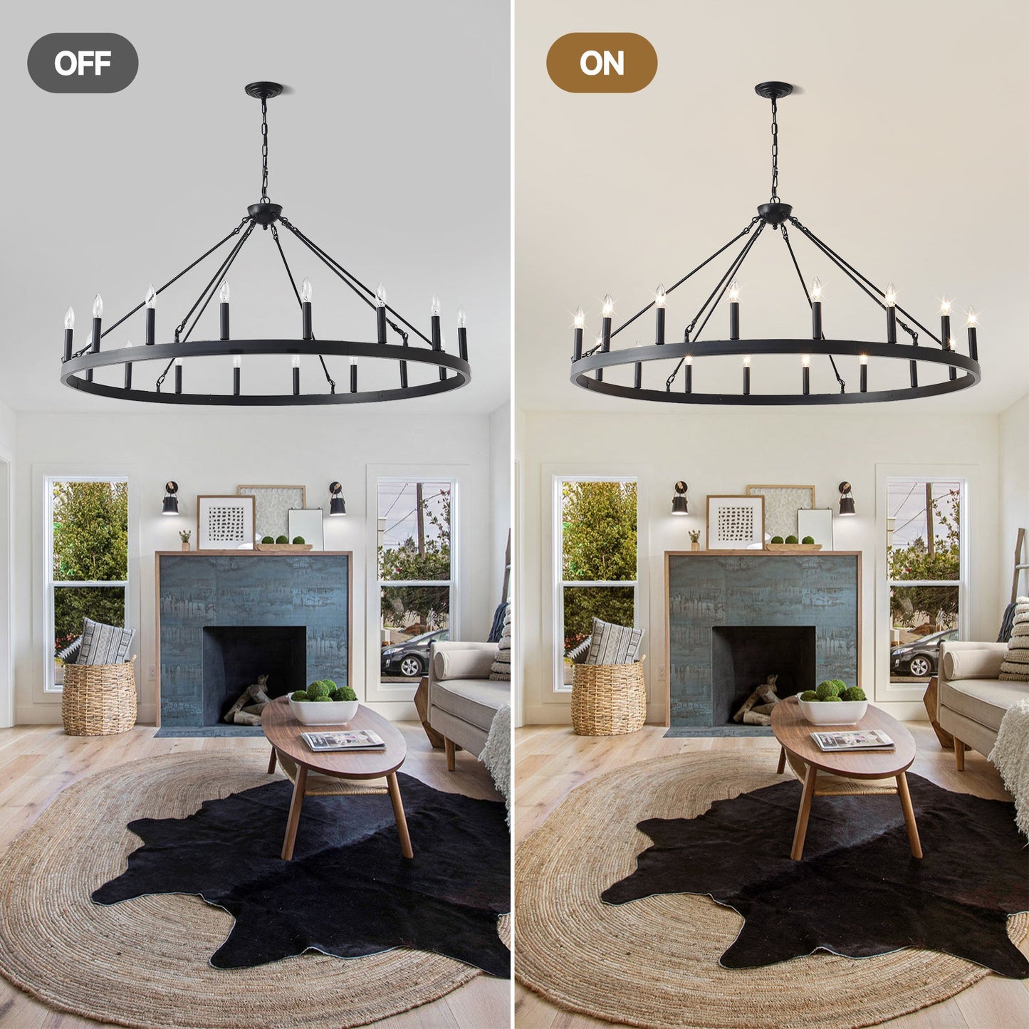 53.15 Inch Matte Black Wagon Wheel Chandelier with 18 Lights