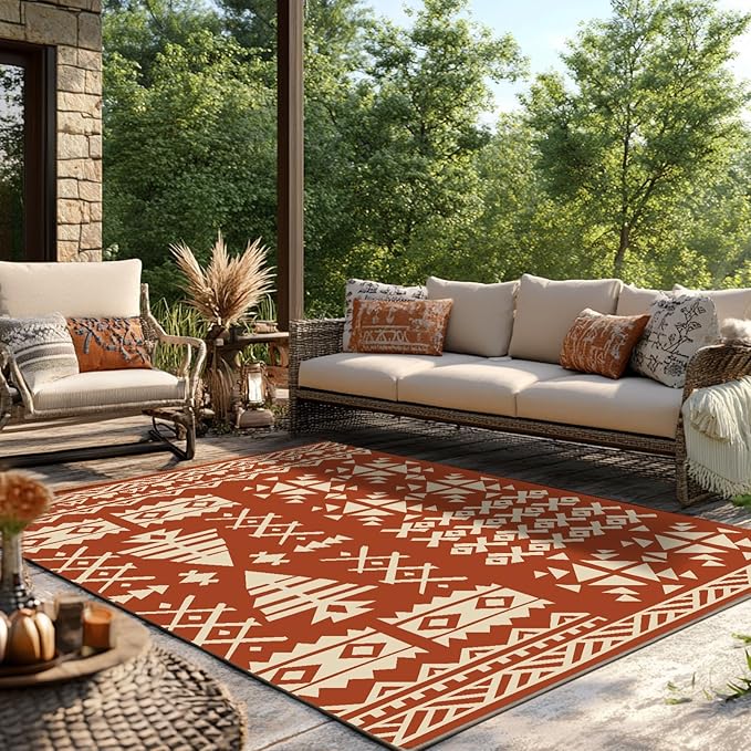 WILDROOTS 9x12 Feet Plastic Exotic Red Outdoor Rug, Stain Resistant Waterproof Reversible Outdoor Patio Rug, Fade Resistant Camping Rug