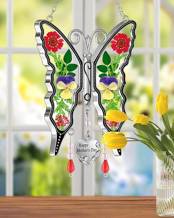 KY&BOSAM Butterfly Suncatcher Gifts for Mom Happy Mother`s Day Stained Glass for Windows Hangings Wind Chimes Ornament with Pressed Flower Butterfly Wings Embedded in Glass Mother`s Day Mom Gifts
