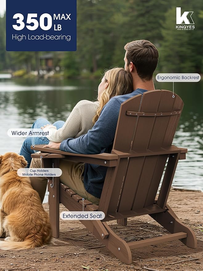 KINGYES Folding Adirondack Chair Set of 2, Dual Cup Holders & All-Weather HDPE, Wood-Like Patio Chair for Backyard, Camping, Pool & Fire Pit, Brown