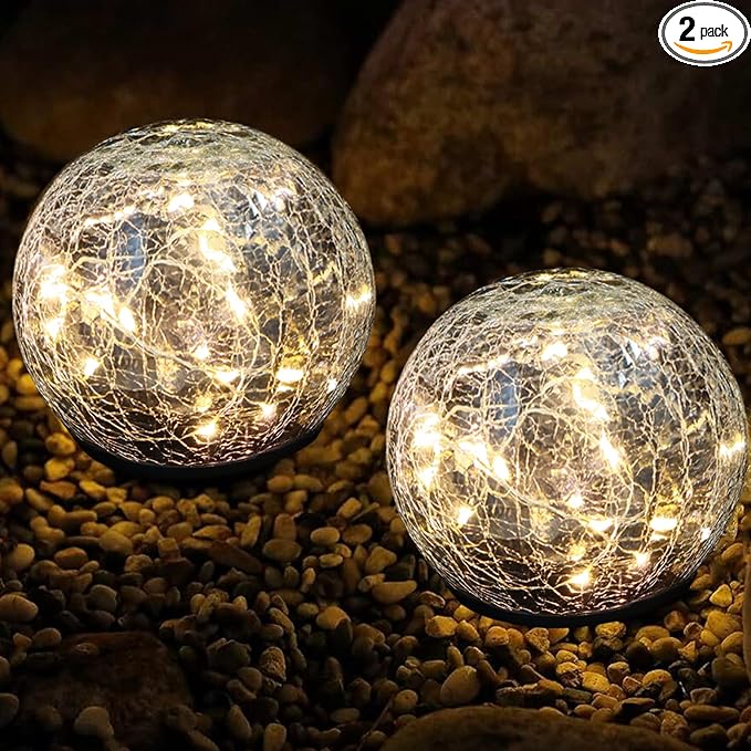 Garden Decoration, Cracked Glass Solar Globe Lights for Yard Pathway Patio Halloween Christmas Outside Decor,Warm White 2 Pack 50 LED(4.7”)