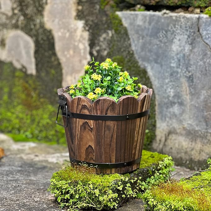 Wooden Bucket Barrel Planters, Small Flower Pot with Drainage Holes for Indoor Plants Home Décor, Set of 3