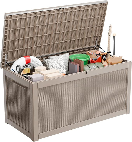 260 Gallon Waterproof Outdoor Storage Box,Large Resin Deck Box,Lockable Outside Storage Box Container for Patio Furniure,Garden,Tools (260 Gallon,Grey)