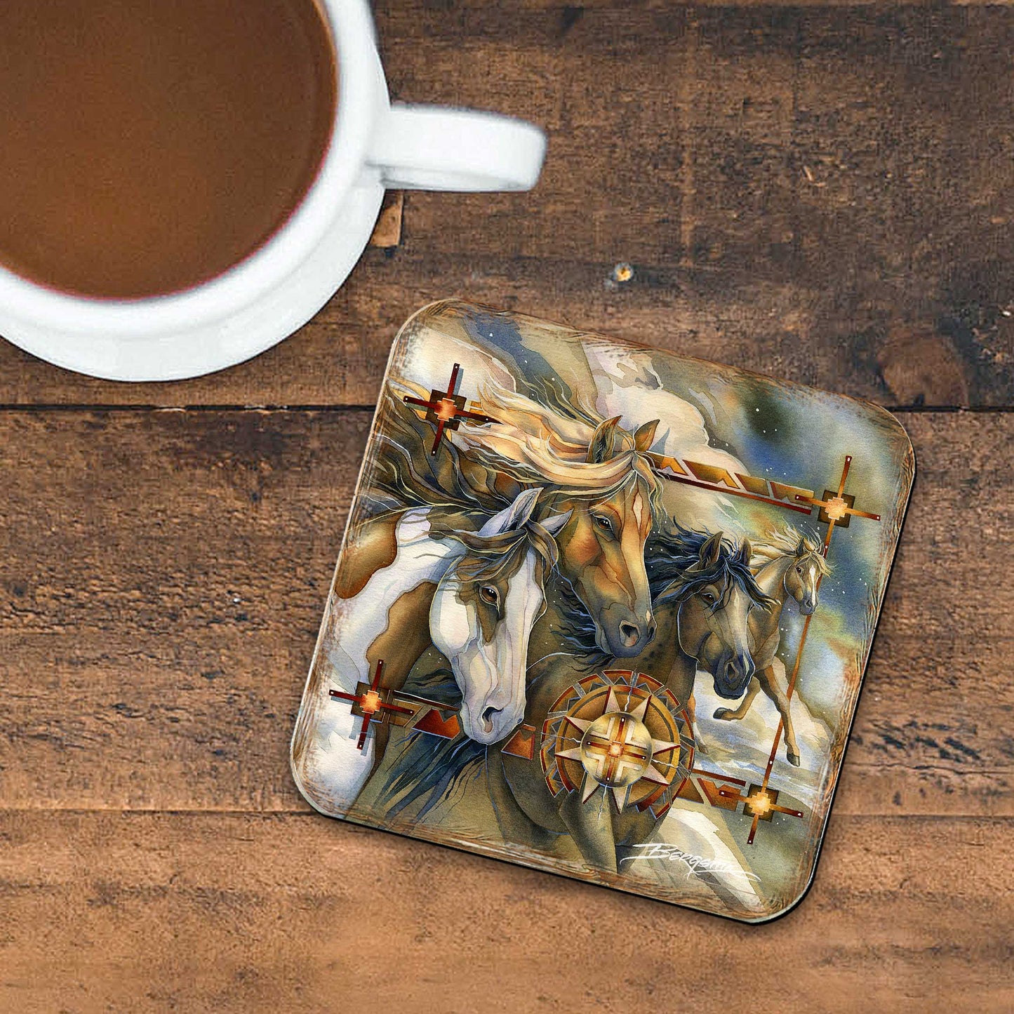 Wild Horses Wooden Cork Coasters Gift Set of 4 by J. Bergsma - Wildlife Décor  - 8199474C-S4