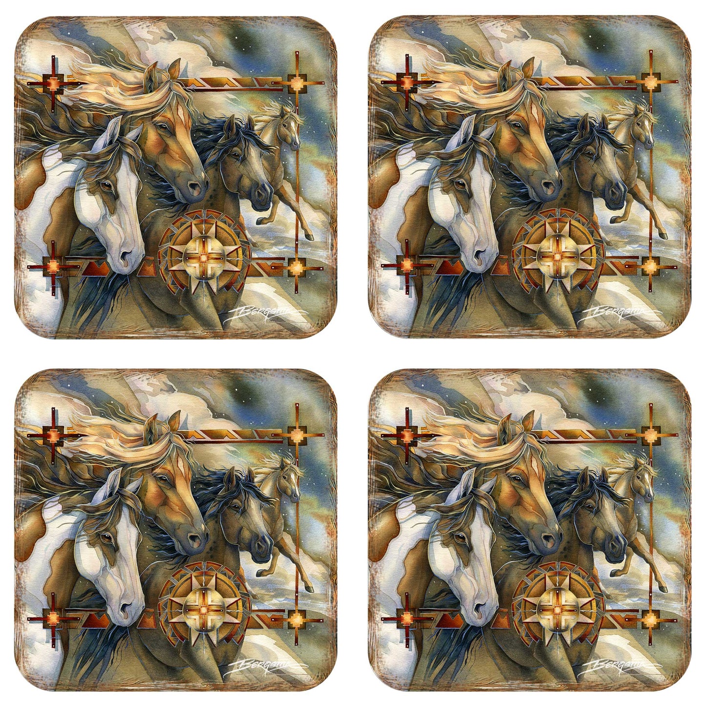 Wild Horses Wooden Cork Coasters Gift Set of 4 by J. Bergsma - Wildlife Décor  - 8199474C-S4