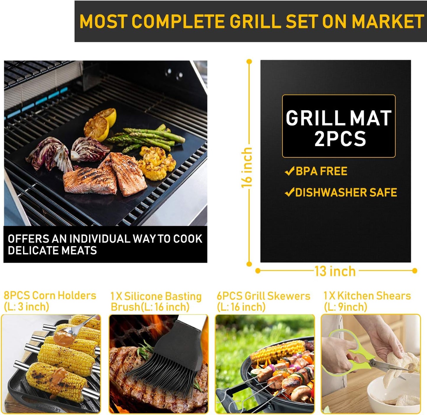 34Pcs Grill Accessories Grilling Gifts for Men, 16 Inches Heavy Duty BBQ Accessories, Stainless Steel BBQ Tools with Thermometer, Grill Mats for Backyard, BBQ Gifts Set for Men Women