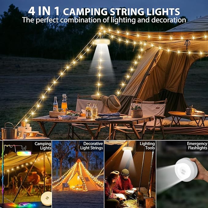 Camping String Lights, 4 in 1 Quick Storage 32.8FT Rechargeable Tent Lights with 6 Modes Hanging Waterproof Camp Lamp Camping Essentials for AwnTent Hiking Yard Garden Bedroom Festival -Warm White