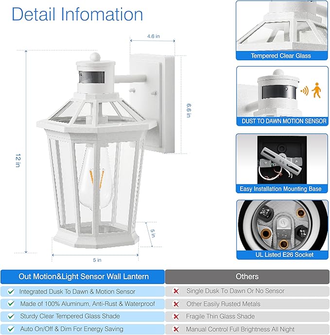VIANIS Motion Sensor Outdoor Light Fixtures Wall Mount, 2 Pack White Dusk to Dawn Exterior Wall Lantern, Anti-Rust Wall Mount Lighting with Clear Glass Shade for House, Entryway, Front Door