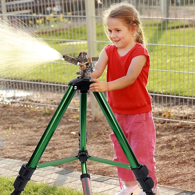 Biswing Impact Sprinkler Head on Tripod Base, Heavy Duty Lawn Sprinklers, 360 Degree Large Area Irrigation, Brass Sprinkler Nozzle & Solid Alloy Metal Extension Legs Flip Locks, 1 Pack